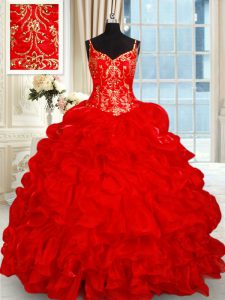 Elegant Red Sleeveless Beading and Ruffles and Pick Ups Lace Up 15th Birthday Dress