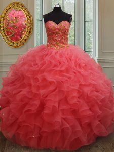 Classical Coral Red Sweetheart Neckline Beading and Ruffles Sweet 16 Dresses Sleeveless Lace Up