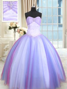 Cute Multi-color Tulle Lace Up Sweet 16 Dress Sleeveless Floor Length Beading