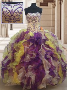 Multi-color Ball Gowns Strapless Sleeveless Organza Floor Length Lace Up Beading and Ruffles Quinceanera Dresses