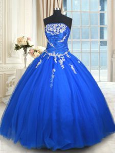 Modern Tulle Strapless Sleeveless Lace Up Beading and Appliques Sweet 16 Quinceanera Dress in Blue