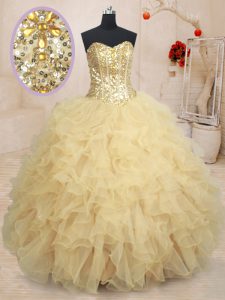 Romantic Sweetheart Sleeveless Vestidos de Quinceanera Floor Length Beading and Ruffles and Sequins Champagne Organza