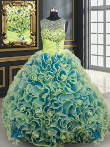 Exquisite See Through Yellow Green Lace Up Scoop Beading and Sequins Sweet 16 Dresses Fabric With Rolling Flowers Sleeveless Brush Train