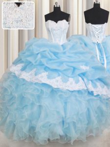 Flare Light Blue Ball Gowns Sweetheart Sleeveless Organza Floor Length Lace Up Beading and Lace and Ruffles and Pick Ups Sweet 16 Dress