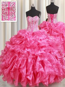 Hot Pink Ball Gowns Beading and Ruffles Vestidos de Quinceanera Lace Up Organza Sleeveless Floor Length
