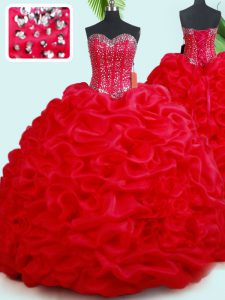Red Ball Gowns Beading and Pick Ups Vestidos de Quinceanera Lace Up Organza Sleeveless