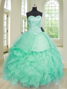 Apple Green Sleeveless Floor Length Beading and Ruffles Lace Up Ball Gown Prom Dress