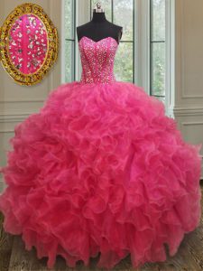 Sexy Hot Pink Sleeveless Floor Length Beading and Ruffles Lace Up Vestidos de Quinceanera