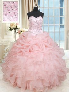 Traditional Baby Pink Sleeveless Beading and Ruffles and Pick Ups Floor Length 15th Birthday Dress