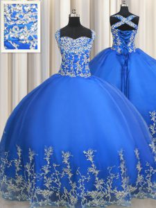 Unique Blue Ball Gowns Tulle Straps Sleeveless Beading and Appliques Floor Length Lace Up Quinceanera Gowns