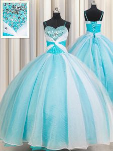 Fitting Spaghetti Straps Sleeveless Organza 15 Quinceanera Dress Beading Lace Up