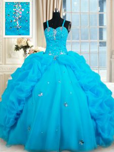 Wonderful Straps Sleeveless Lace Up Floor Length Beading and Pick Ups 15th Birthday Dress