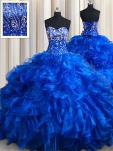 High Class Royal Blue Organza Lace Up Sweetheart Sleeveless 15th Birthday Dress Brush Train Beading and Ruffles