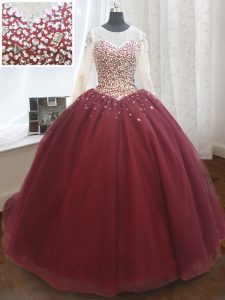 Custom Designed Scoop Wine Red Ball Gown Prom Dress Tulle Court Train Long Sleeves Beading and Sequins