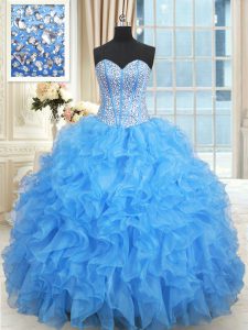 Superior Ruffled Ball Gowns Quinceanera Dress Baby Blue Sweetheart Satin and Organza Sleeveless Floor Length Lace Up