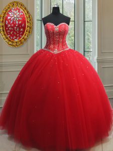 Red Sleeveless Tulle Lace Up Quinceanera Gowns for Military Ball and Sweet 16 and Quinceanera