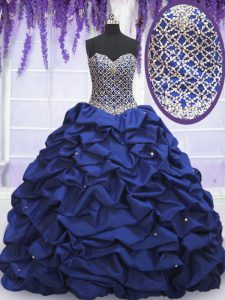 Unique Sleeveless Taffeta Floor Length Lace Up Sweet 16 Dresses in Royal Blue with Beading and Pick Ups