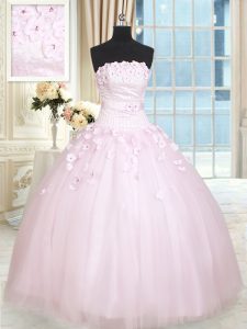 Beauteous Strapless Sleeveless Tulle Quinceanera Dress Beading and Appliques Lace Up