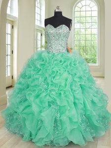 Exquisite Turquoise Sleeveless Organza and Sequined Lace Up 15th Birthday Dress for Military Ball and Sweet 16 and Quinceanera