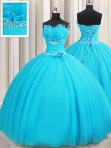 Strapless Sleeveless 15 Quinceanera Dress Floor Length Beading and Ruffles and Hand Made Flower Aqua Blue Tulle