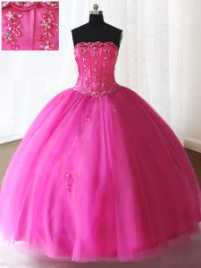 Custom Design Ball Gowns Sweet 16 Dresses Hot Pink Strapless Tulle Sleeveless Floor Length Lace Up