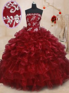 Burgundy Lace Up Strapless Beading and Ruffles and Ruffled Layers Quinceanera Dresses Organza Sleeveless