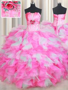 Pink And White Strapless Lace Up Beading and Ruffles and Hand Made Flower 15 Quinceanera Dress Sleeveless