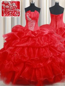 Stunning Strapless Sleeveless Sweet 16 Quinceanera Dress Floor Length Beading and Pick Ups Red Organza