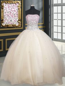 Suitable Tulle Strapless Sleeveless Lace Up Beading Sweet 16 Dresses in Champagne