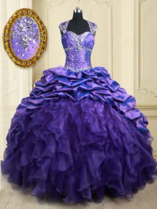 Custom Fit Pick Ups Straps Cap Sleeves Brush Train Lace Up Quinceanera Gowns Purple Organza and Taffeta