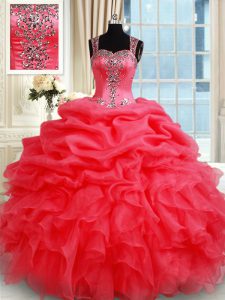 Amazing Straps Floor Length Coral Red Vestidos de Quinceanera Organza Sleeveless Beading and Ruffles and Pick Ups
