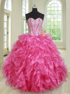 Enchanting Hot Pink Sleeveless Organza Lace Up Vestidos de Quinceanera for Military Ball and Sweet 16 and Quinceanera