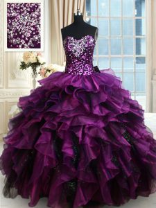 Hot Sale Purple Sleeveless Beading and Ruffles and Ruffled Layers and Sequins Floor Length Sweet 16 Dresses