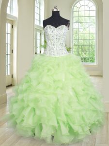 Floor Length Lace Up Quinceanera Dresses Yellow Green for Military Ball and Sweet 16 and Quinceanera with Beading and Ruffles