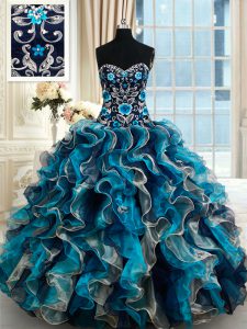 High Class Beading and Embroidery and Ruffles Quinceanera Gowns Multi-color Lace Up Sleeveless Brush Train