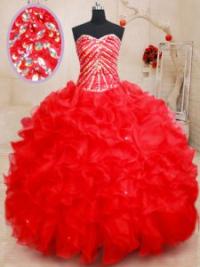 Red Organza Lace Up Sweet 16 Dresses Sleeveless Floor Length Beading and Ruffles