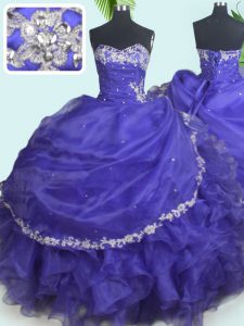 Sweetheart Sleeveless Quinceanera Dresses Floor Length Beading and Appliques Purple Organza