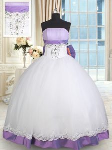 Artistic White And Purple Lace Up Strapless Beading and Lace and Bowknot Sweet 16 Quinceanera Dress Taffeta and Tulle Sleeveless