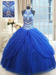 Pick Ups Floor Length Royal Blue Quinceanera Dress Halter Top Sleeveless Lace Up