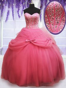 Watermelon Red Lace Up Sweetheart Beading and Bowknot Quinceanera Dresses Tulle Sleeveless