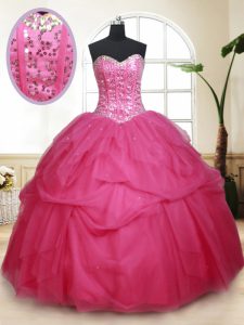 Unique Hot Pink Sleeveless Floor Length Beading and Ruffles and Sequins Lace Up Quinceanera Dresses
