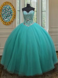 Turquoise Ball Gowns Beading Sweet 16 Quinceanera Dress Lace Up Tulle Sleeveless Floor Length