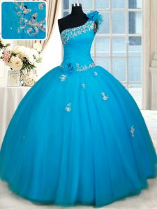 Flirting One Shoulder Baby Blue Zipper Sweet 16 Dresses Beading and Appliques and Hand Made Flower Sleeveless Floor Length