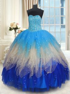 On Sale Tulle Sweetheart Sleeveless Lace Up Beading and Ruffles Quince Ball Gowns in Multi-color