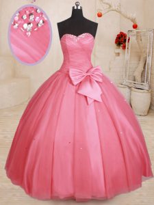Great Pink Sweetheart Neckline Beading and Bowknot Sweet 16 Quinceanera Dress Sleeveless Lace Up