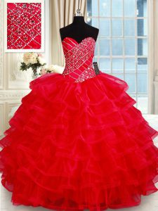 Red Lace Up Vestidos de Quinceanera Beading and Ruffled Layers Sleeveless Floor Length
