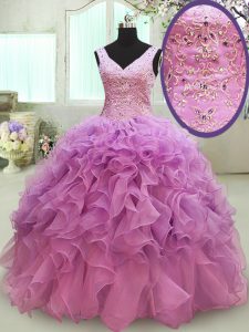 Lilac Lace Up V-neck Beading and Ruffles Sweet 16 Quinceanera Dress Organza Sleeveless