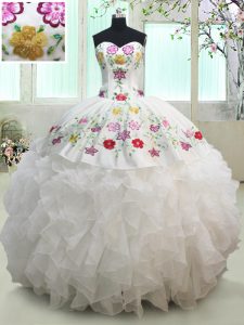 White Sleeveless Floor Length Embroidery and Ruffles Lace Up 15th Birthday Dress