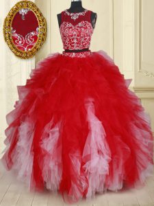 Two Pieces See Through White and Red 15 Quinceanera Dress Military Ball and Sweet 16 and Quinceanera with Beading and Ruffles Scoop Sleeveless Zipper