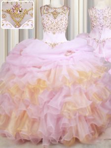 Pink Ball Gowns Organza Scoop Sleeveless Beading and Ruffles and Pick Ups With Train Lace Up 15th Birthday Dress Court Train